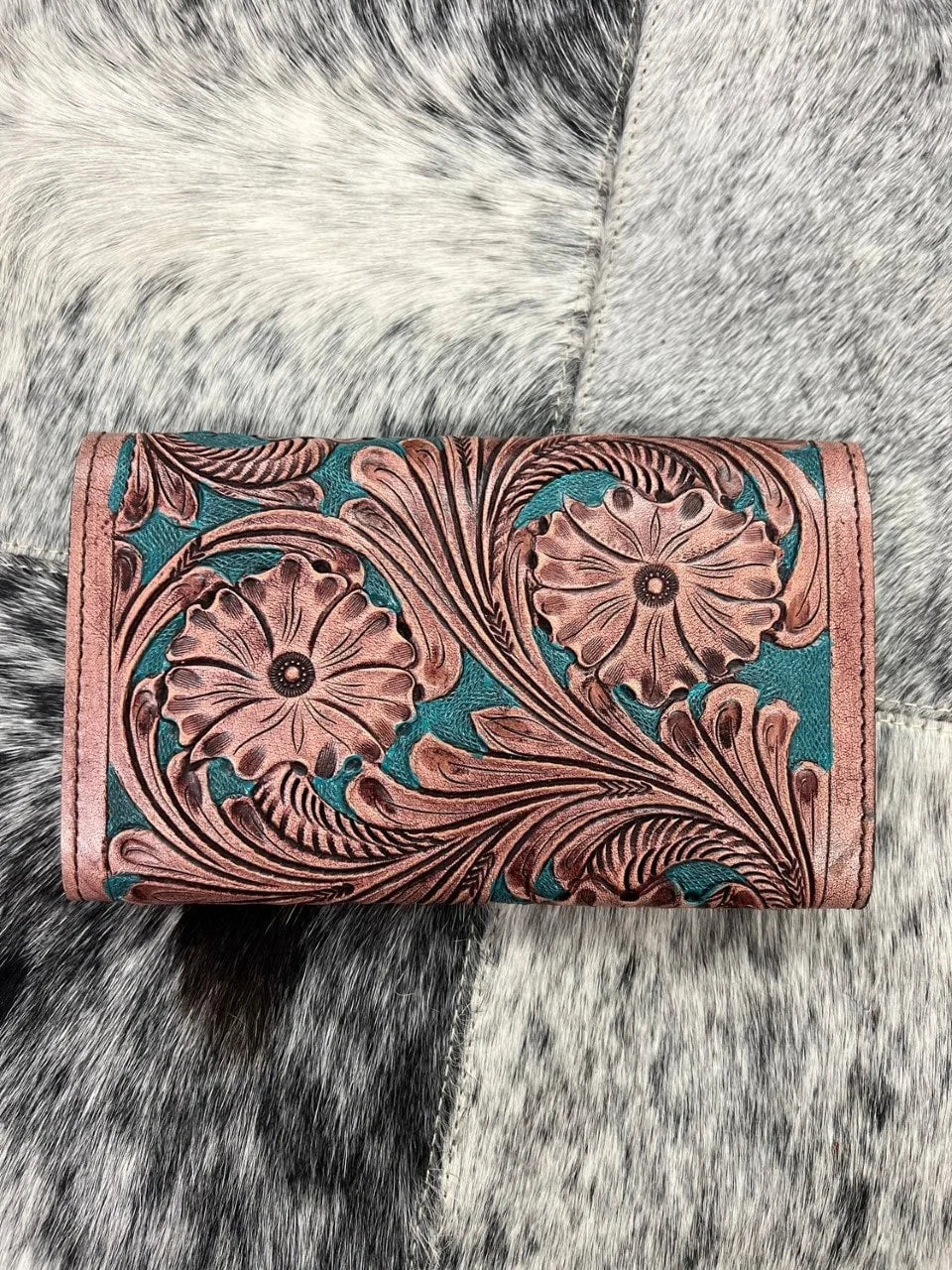 Tooled brown and turquoise wallet