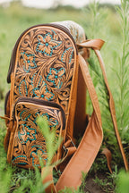 Turquoise flower leather backpack