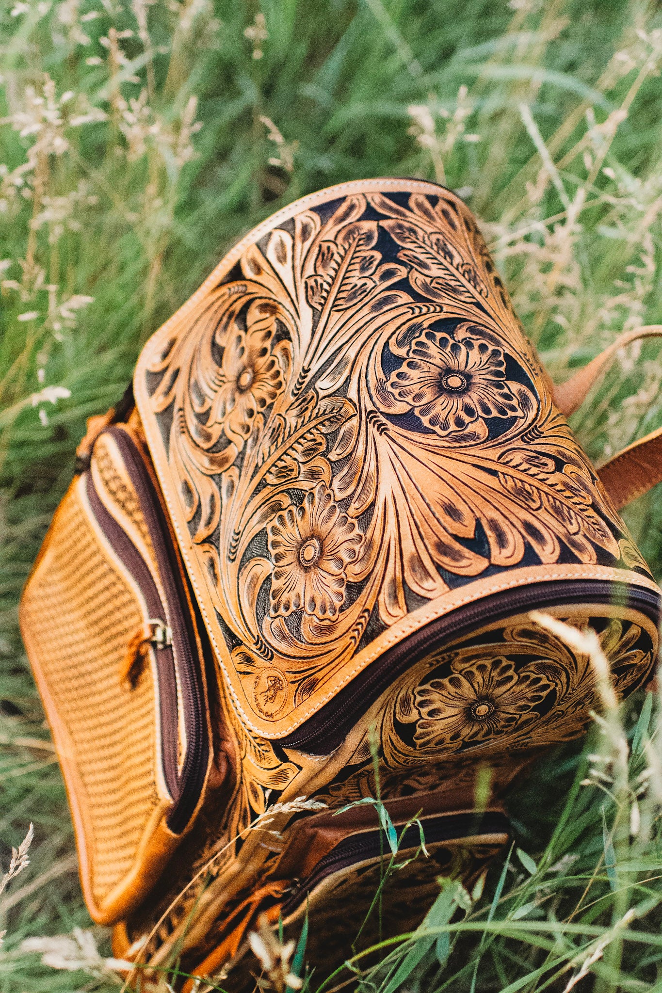 Basket weave leather backpack