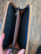 Cowhide wallet with turquoise tooling