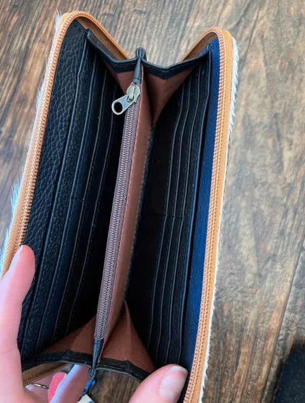 Cowhide wallet with turquoise tooling