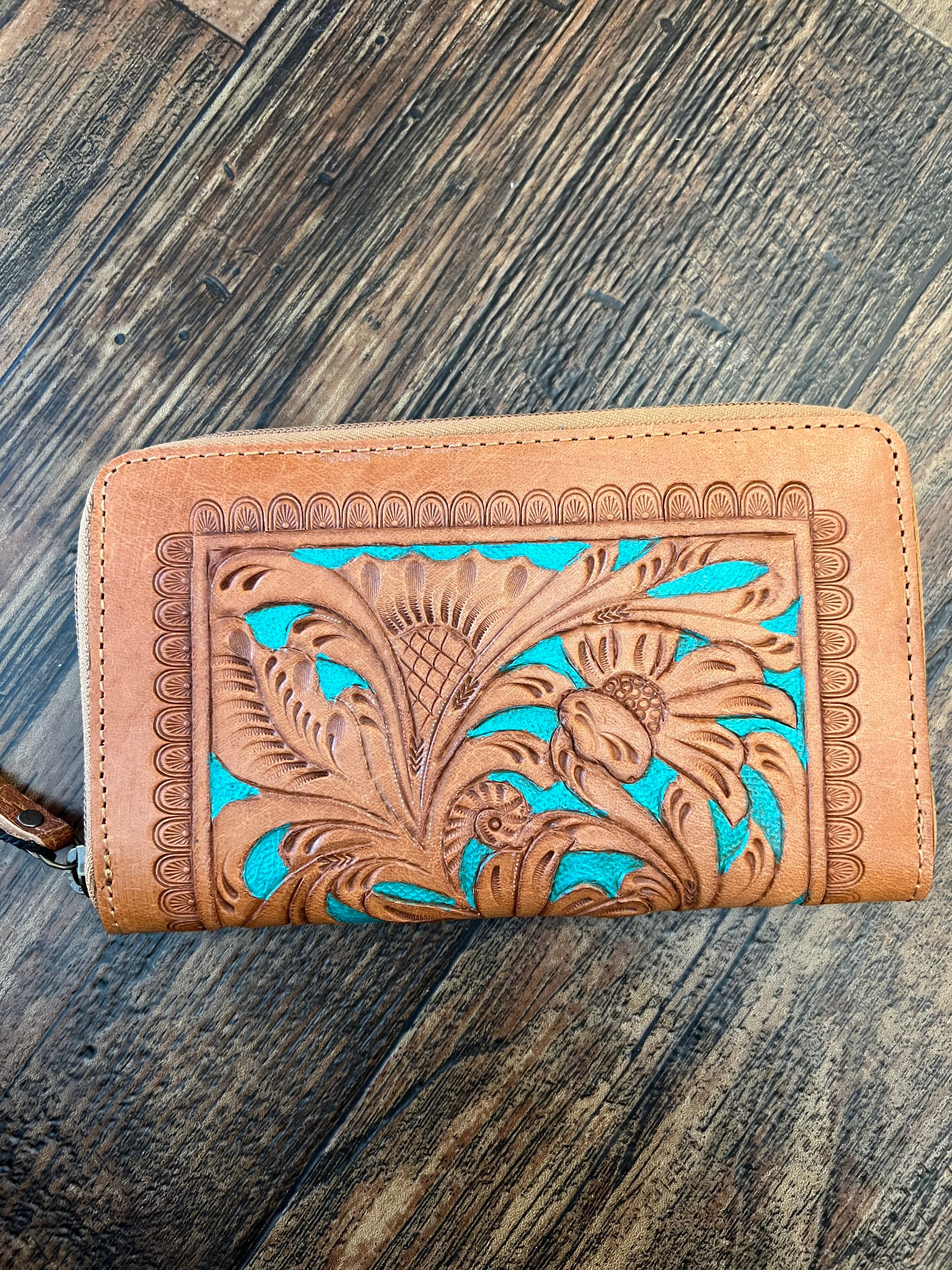 Turquoise tan tooled wallet