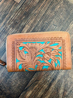 Cowhide wallet with turquoise tooling