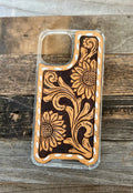 Tooled sunflower leather phone case