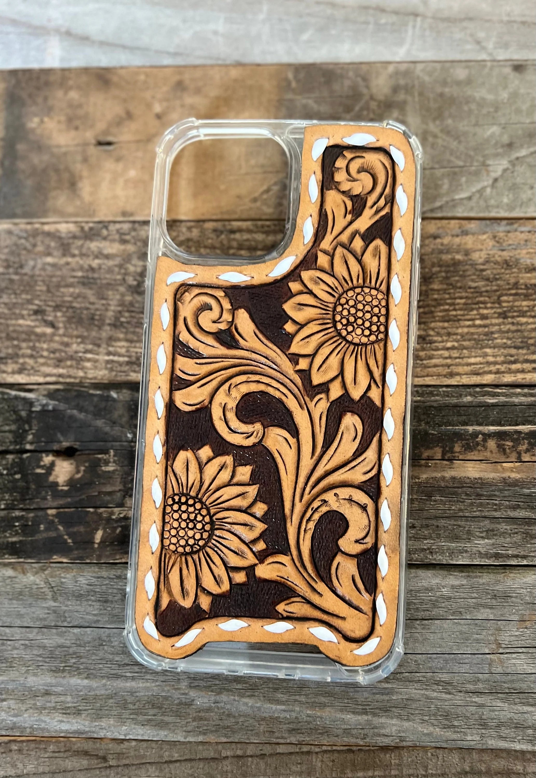 Tooled sunflower leather phone case