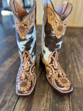 Tooled sunflower cowhide square toe cowboy boots