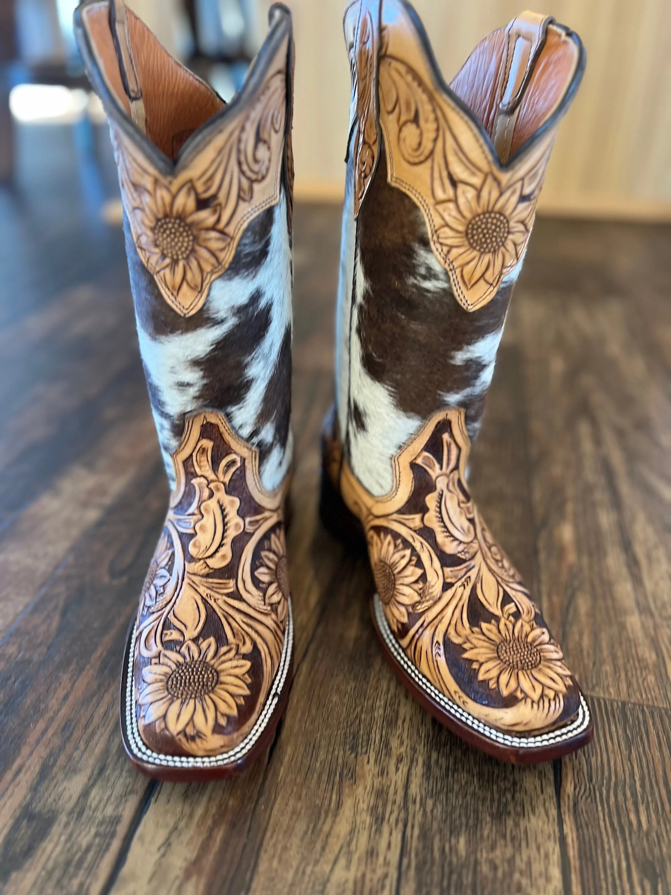 Tooled sunflower cowhide square toe cowboy boots