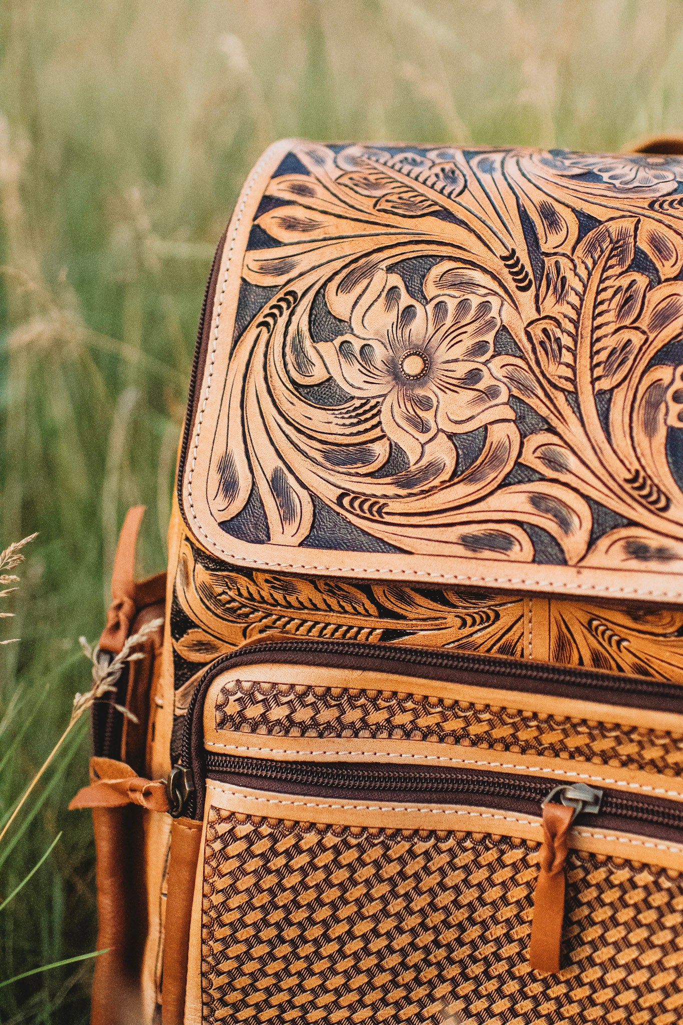 Basket weave leather backpack