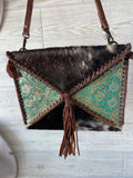 Teal Cowhide Patchwork Crossbody