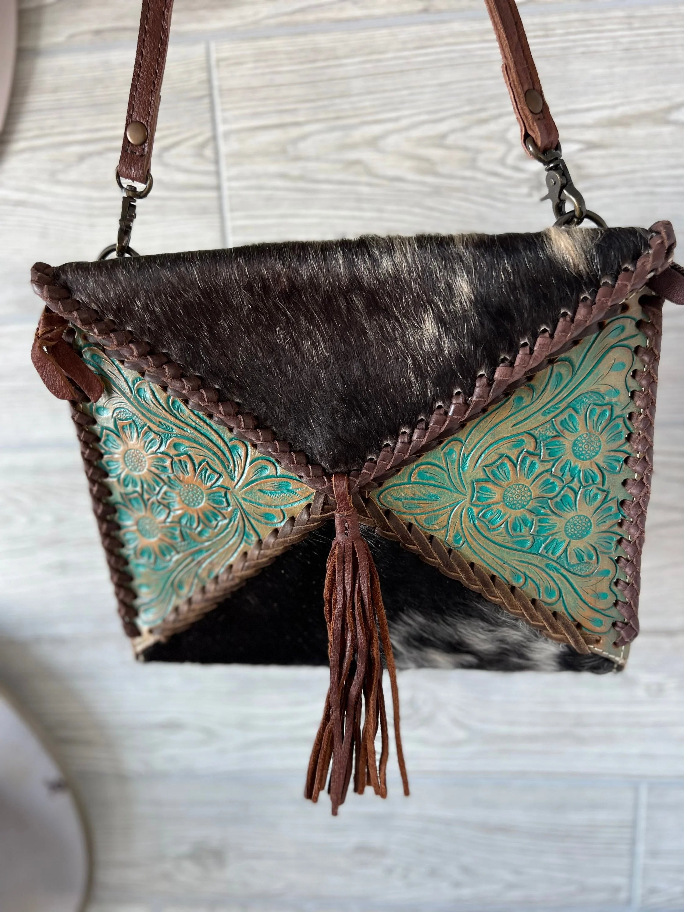 Teal Cowhide Patchwork Crossbody