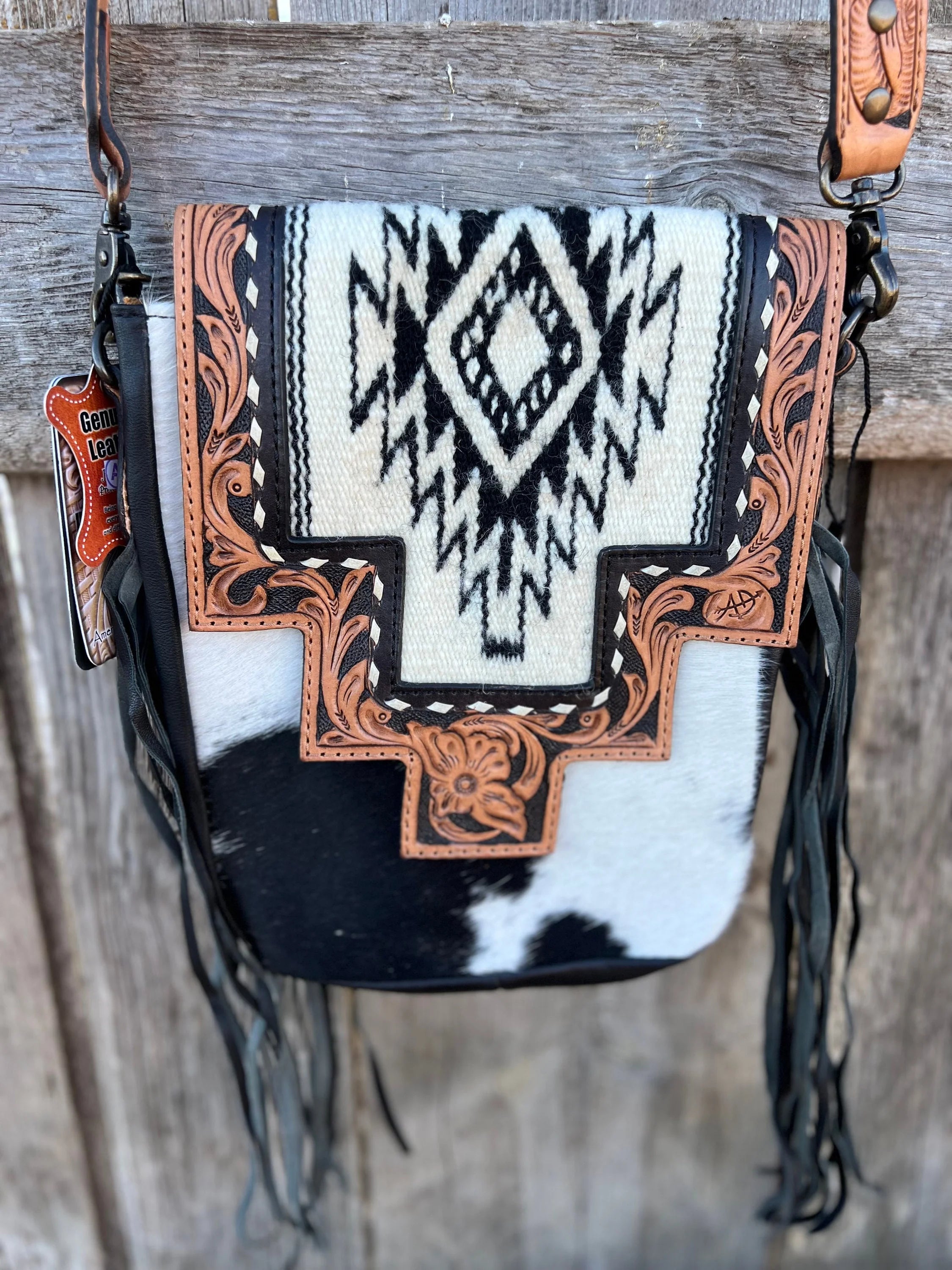 Black & white Aztec crow hide crossbody