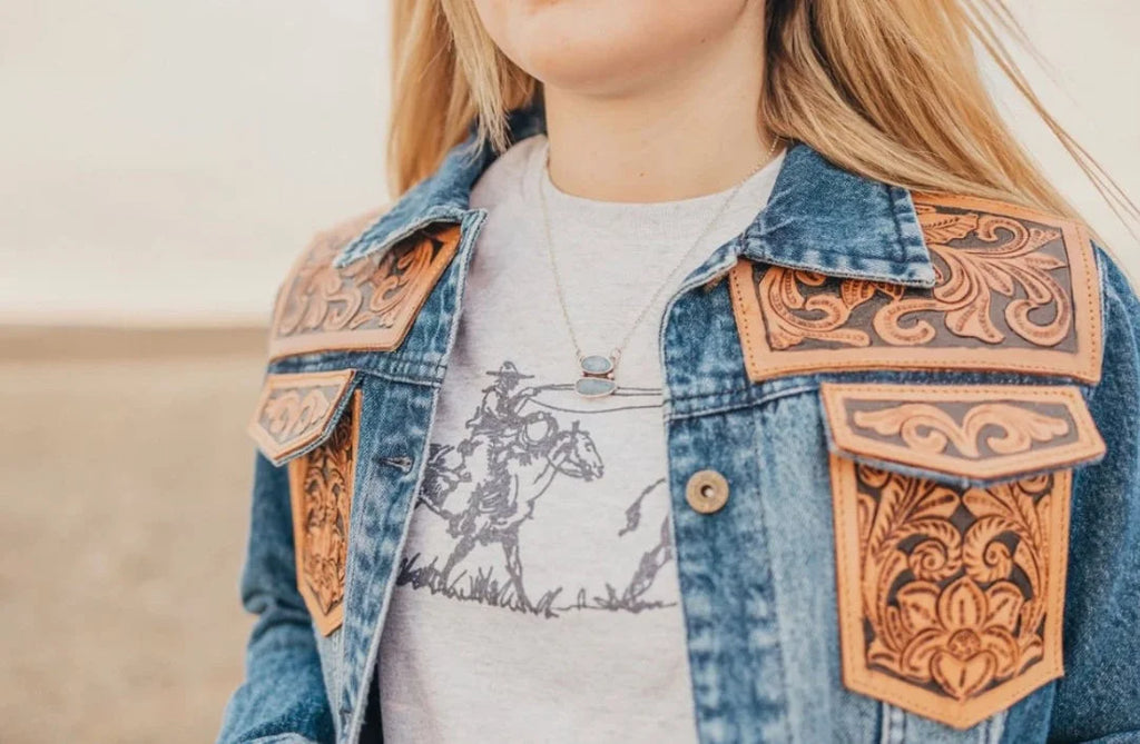 Tooled Leather Denim Jacket