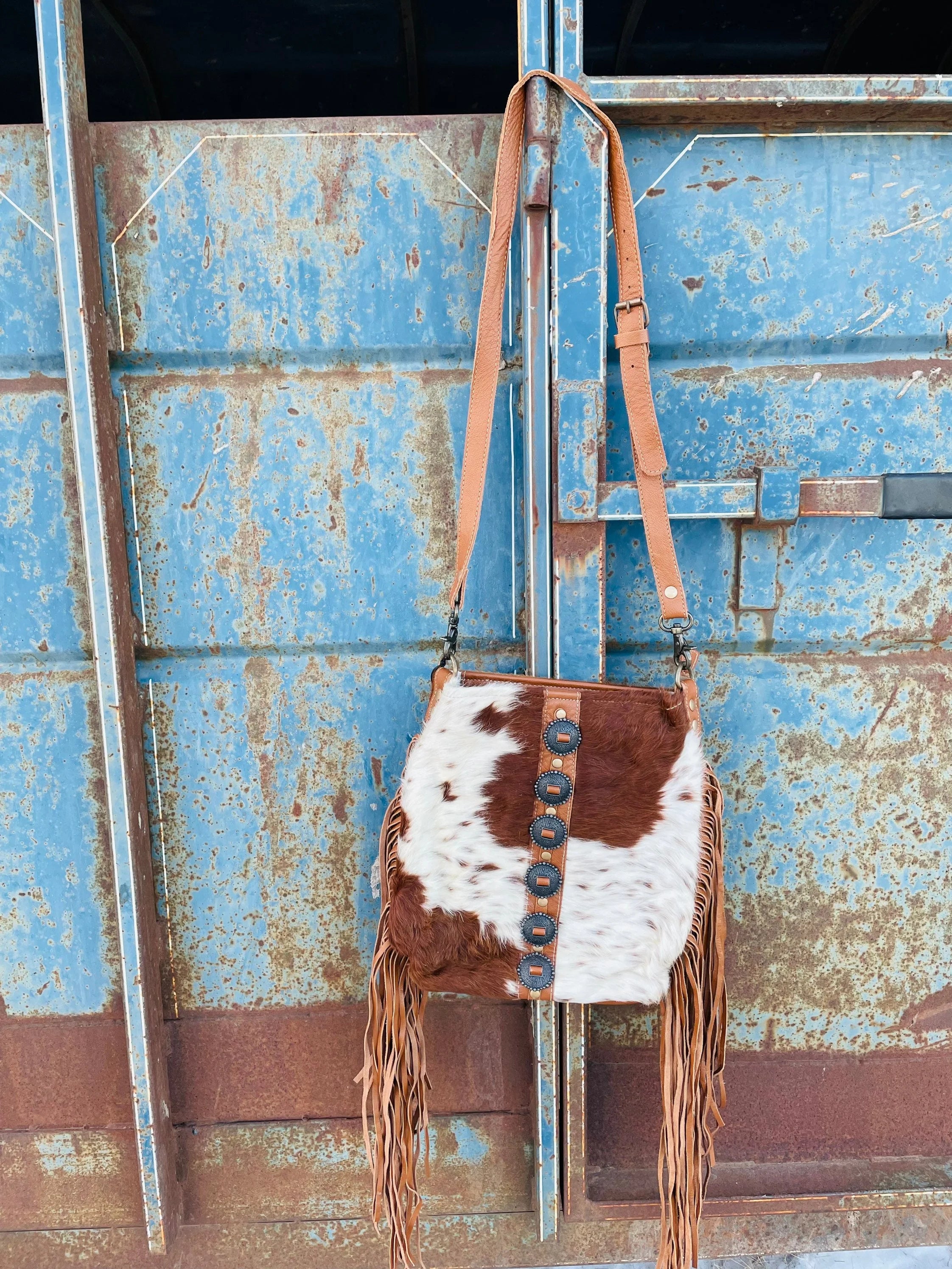 Concho Cowhide Fringe Crossbody