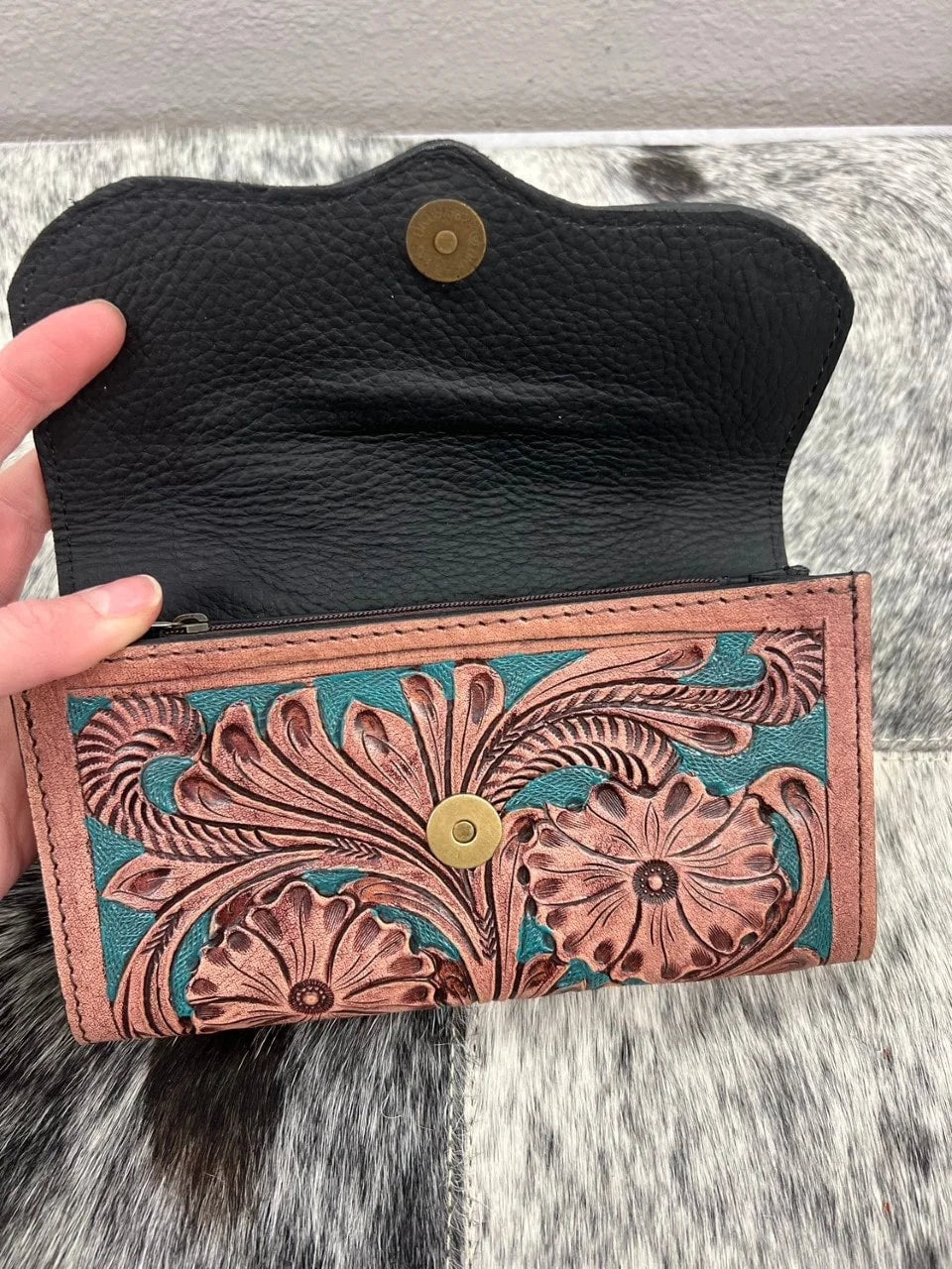 Tooled brown and turquoise wallet