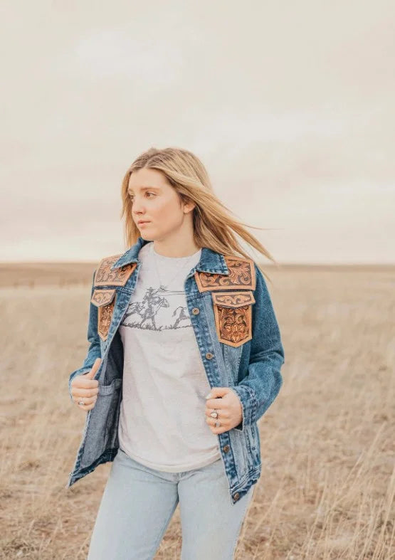 Tooled Leather Denim Jacket