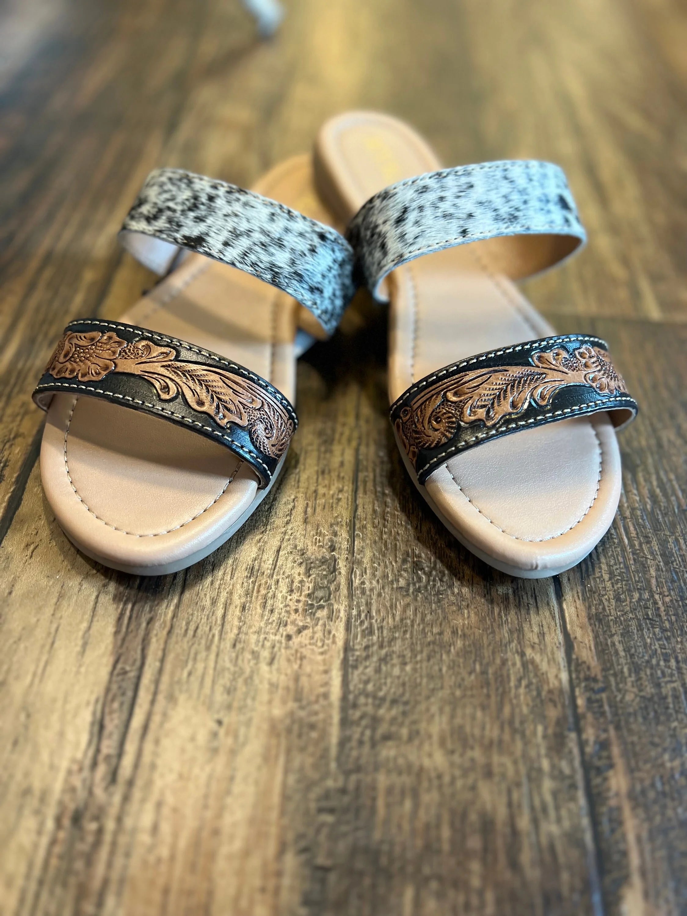 Mesa Tooled Cowhide Strap Sandals