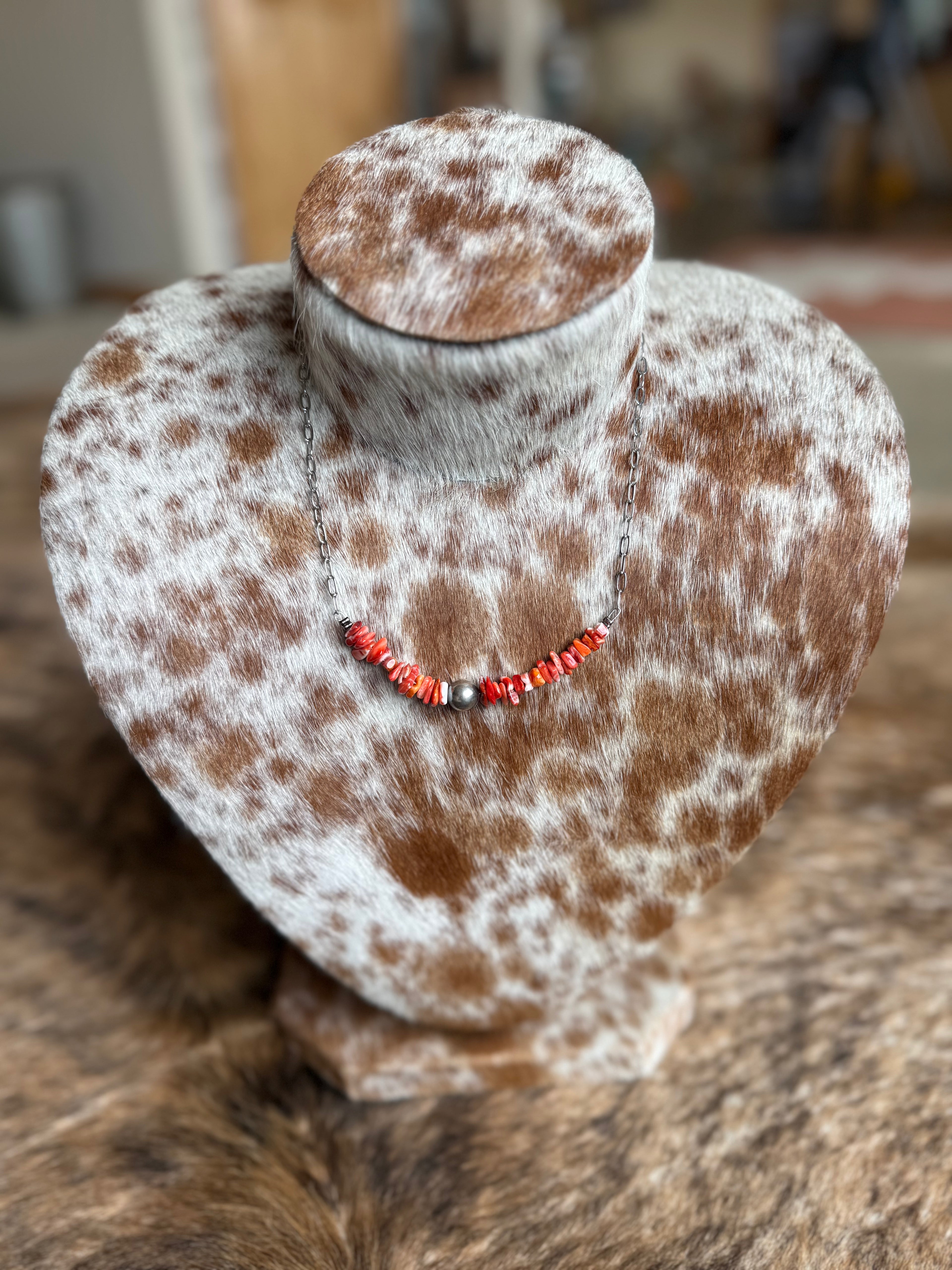 Spiny oyster chip with sterling pearl necklace