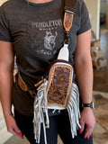 Tooled Leather Fringe Sling Bag
