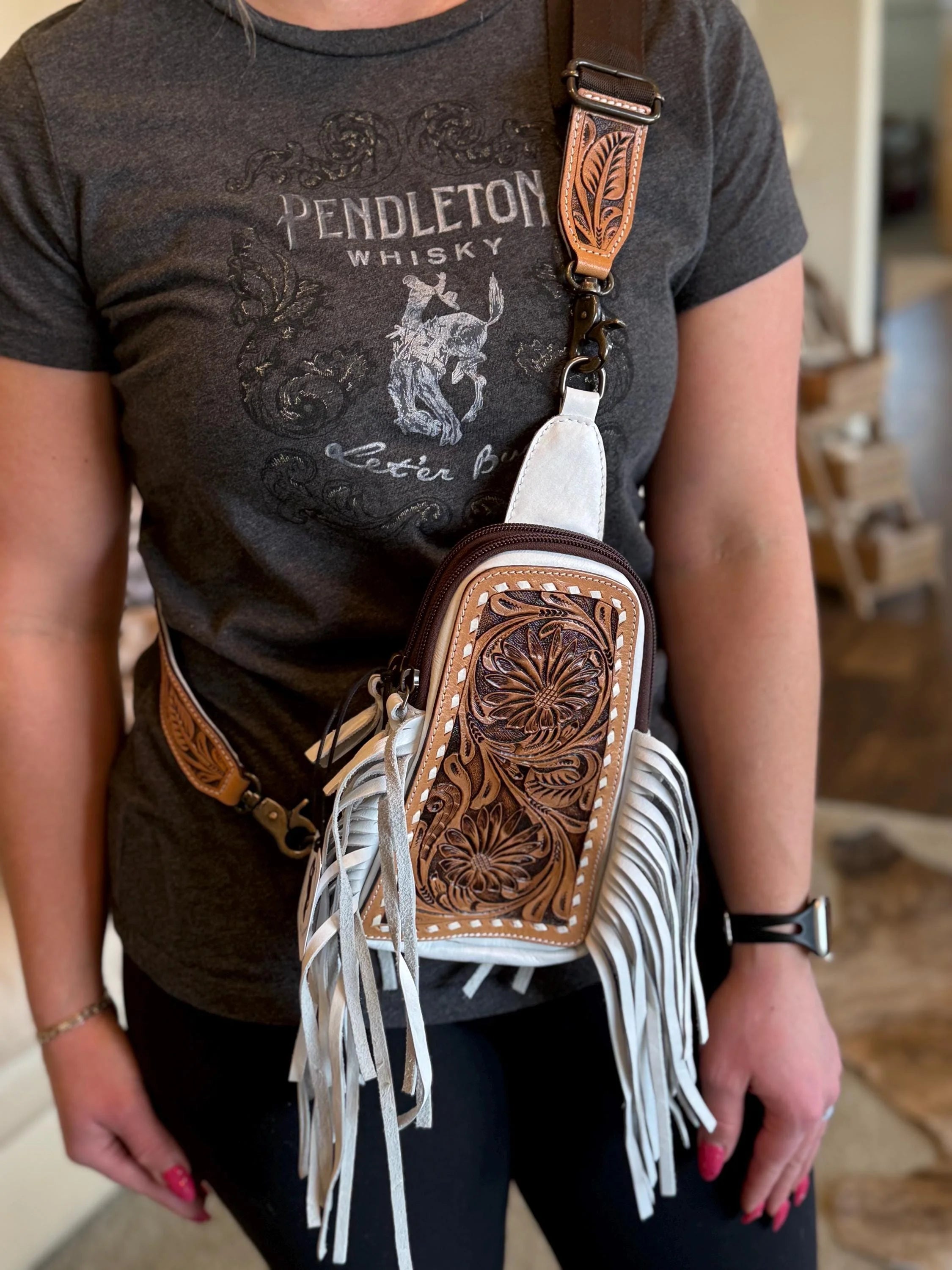 Fringe leather sling bag