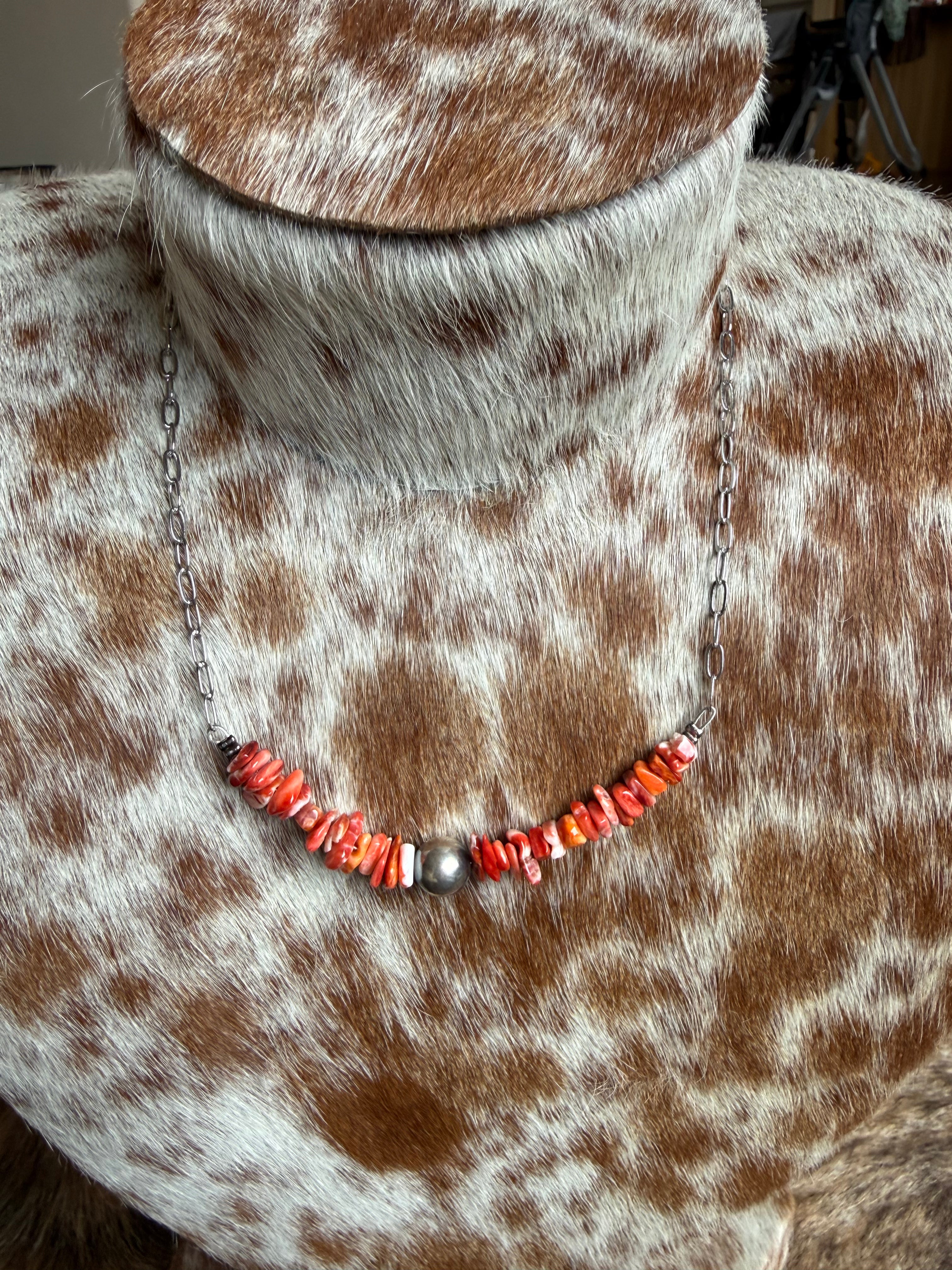Spiny oyster chip with sterling pearl necklace
