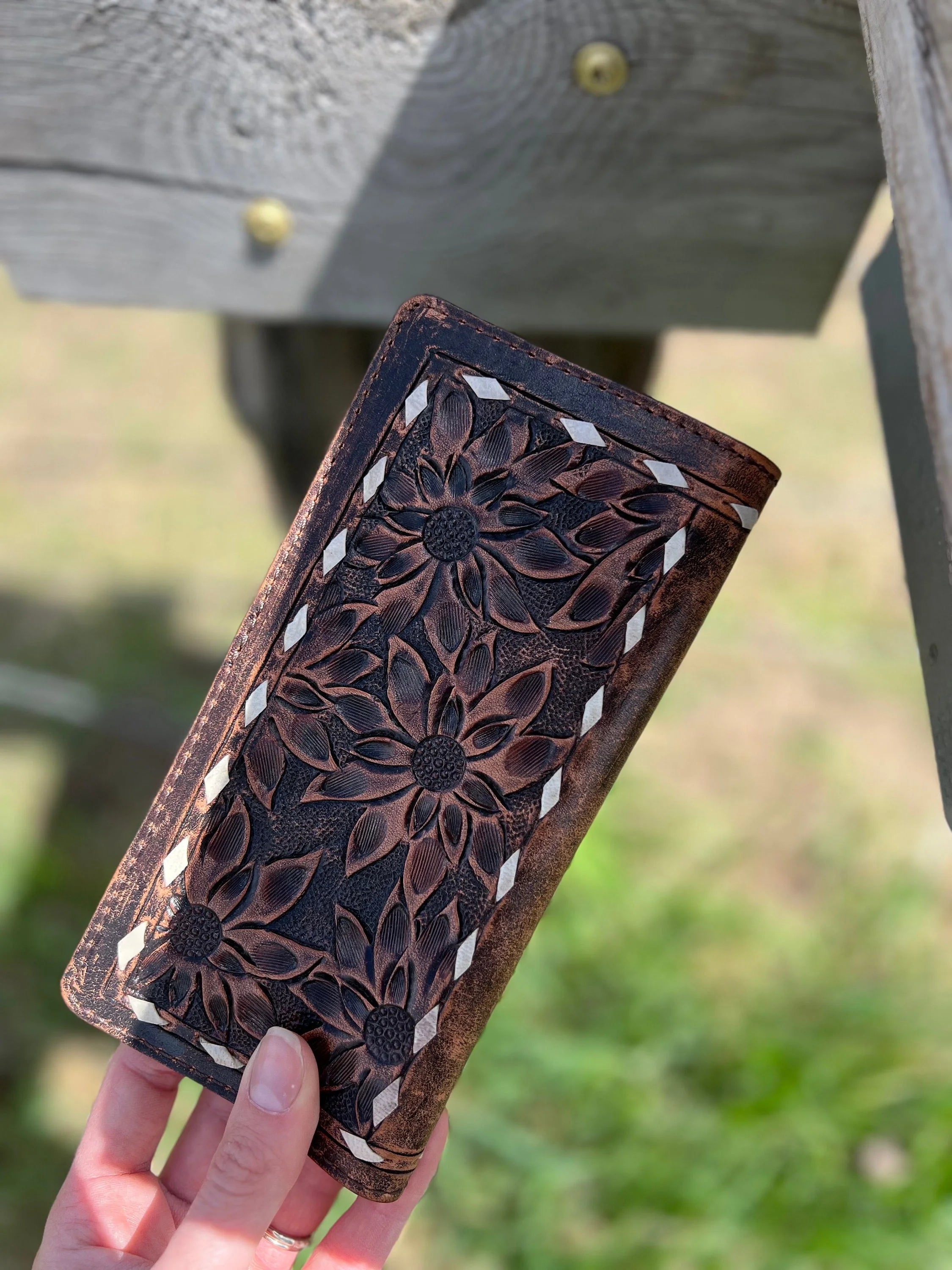 Dark brown floral leather wallet