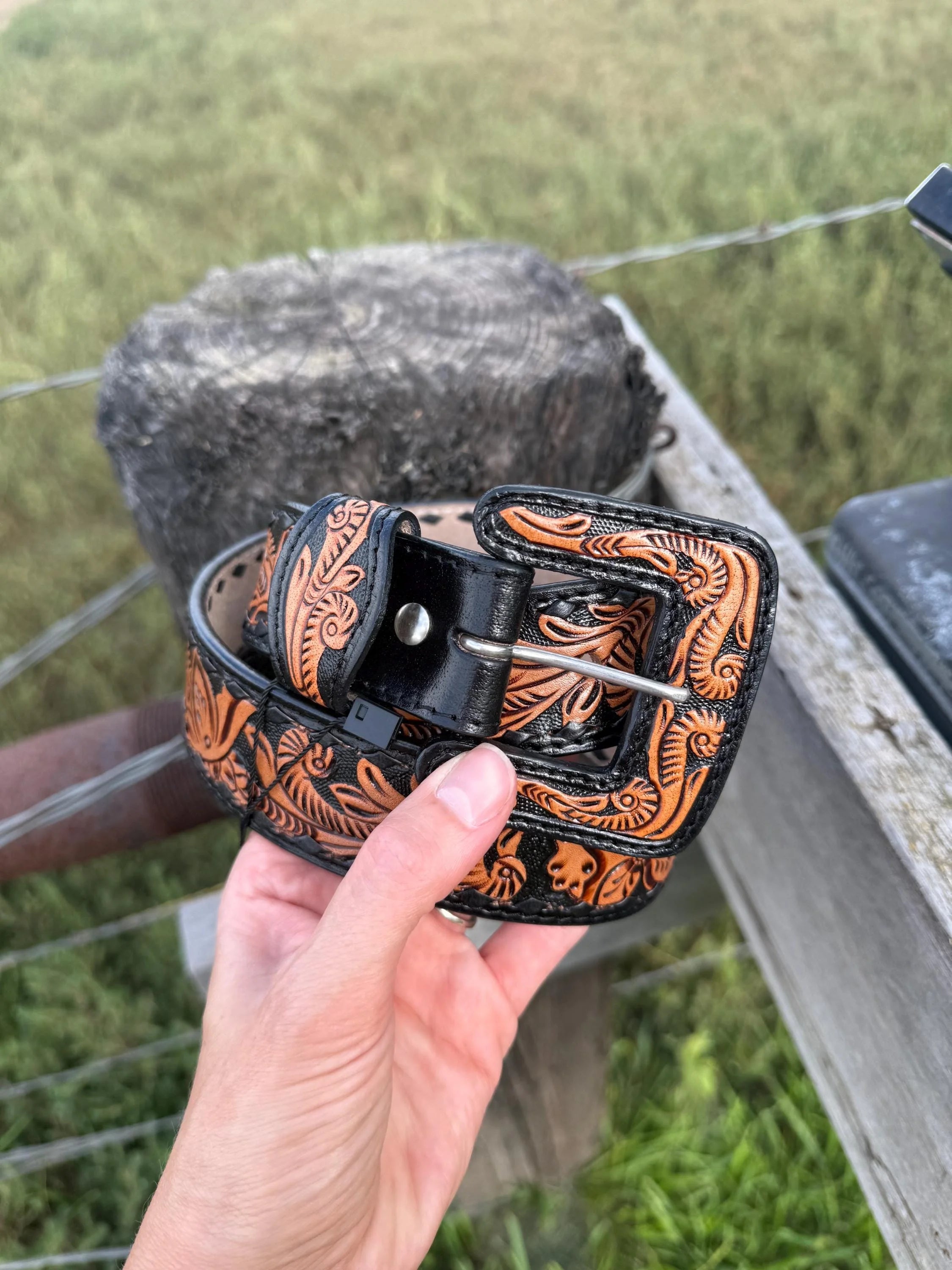 Black & Tan Leather Belt With Square Belt Buckle