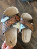 Twist tooled cowhide slides