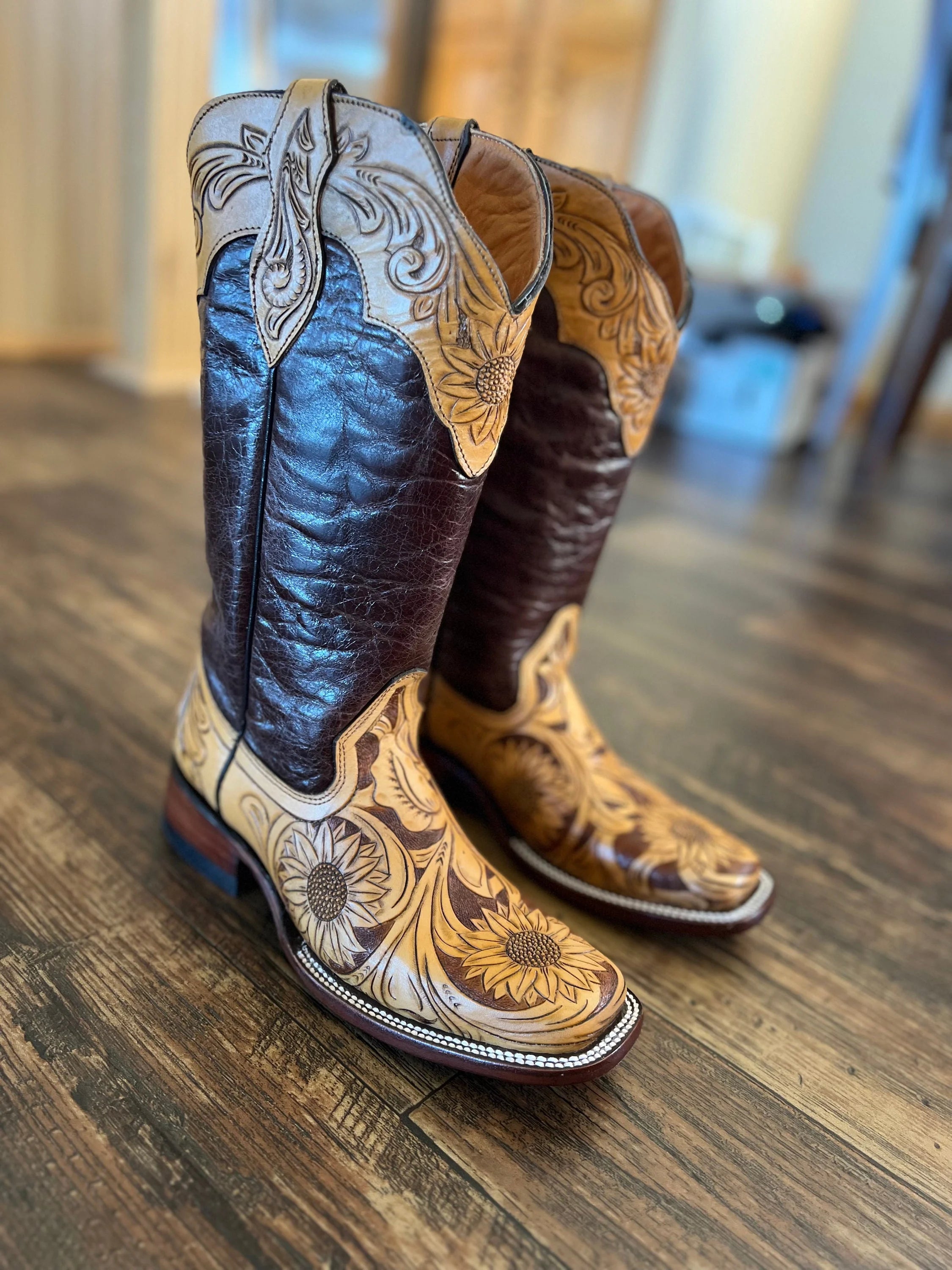 Sunflower Tooled Square Toe Cowboy Boots