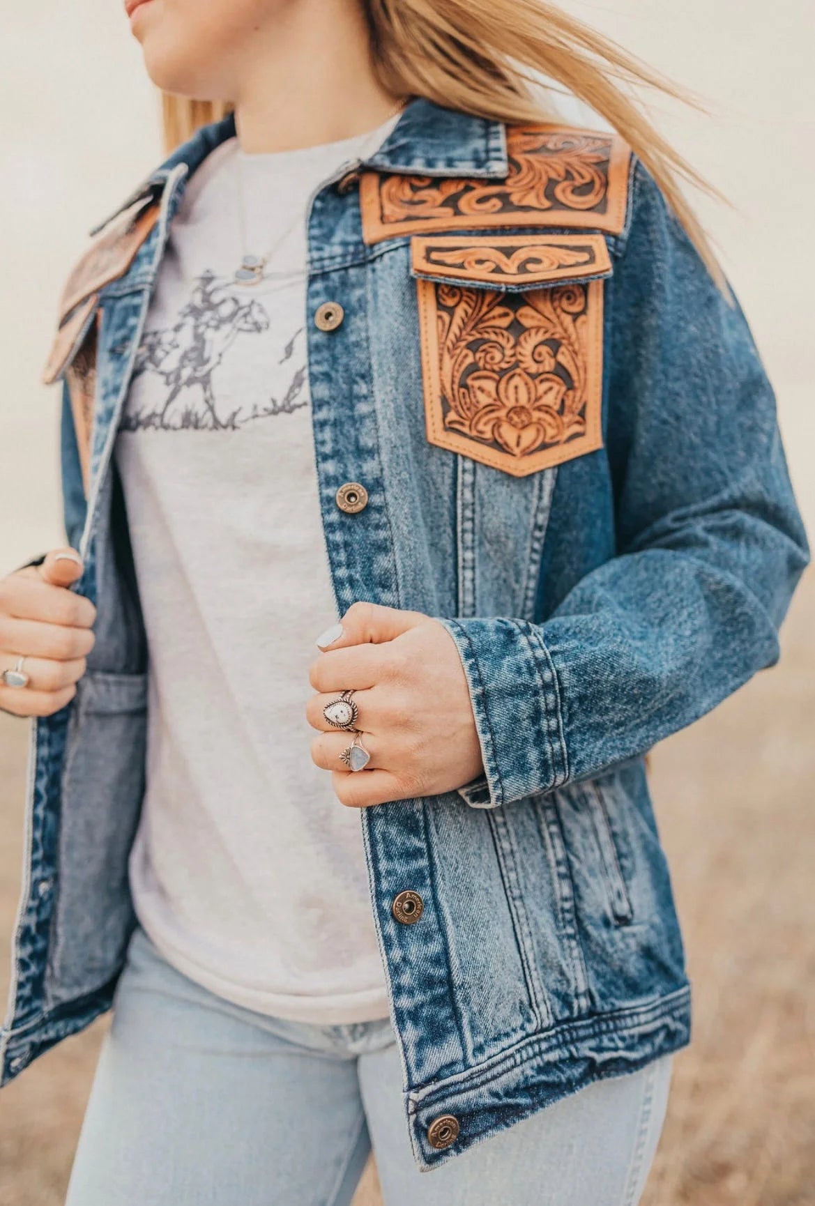 Tooled Leather Denim Jacket