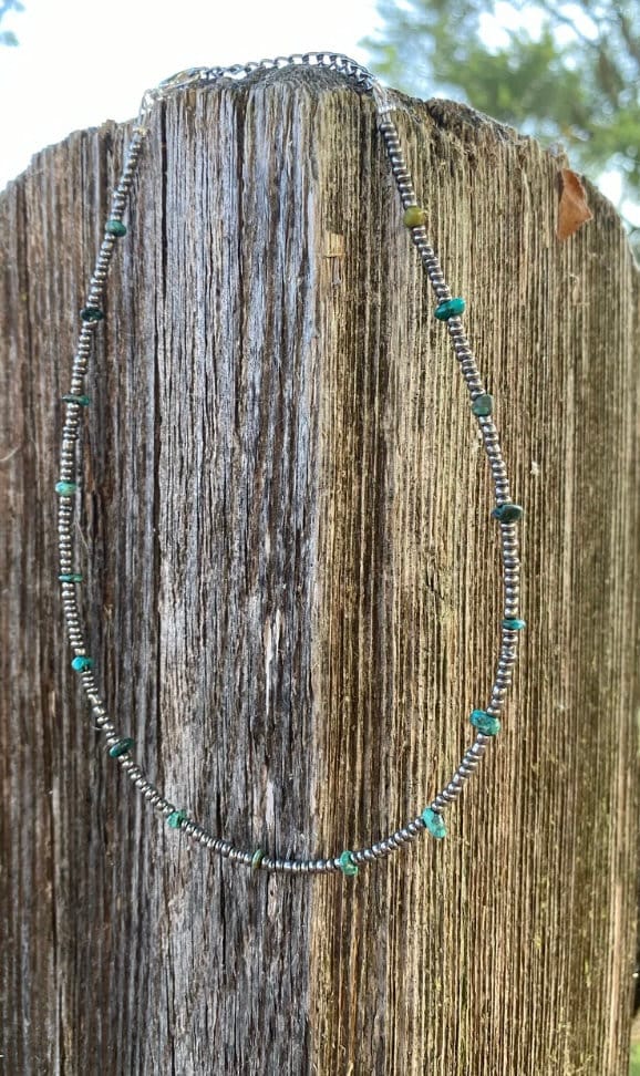 Natural turquoise & silver seed bead choker