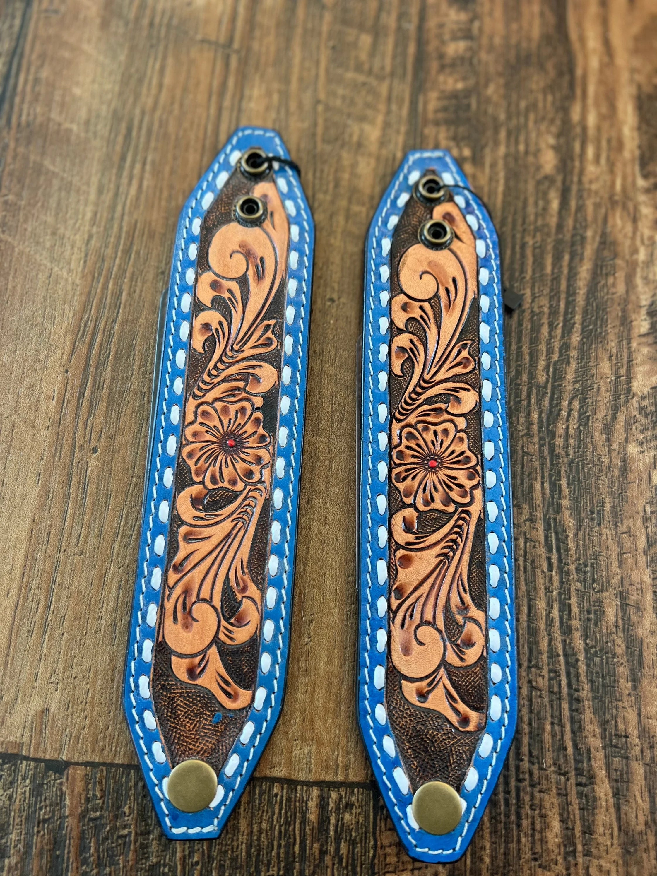 Blue Leather Tooled Cuff