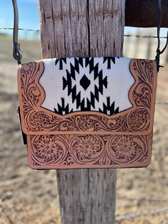 Tooled black & white aztec crossbody