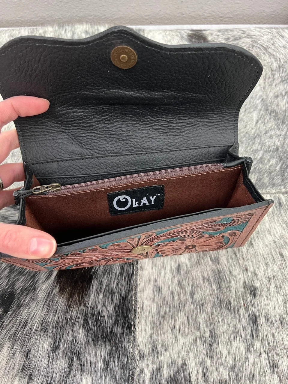 Tooled brown and turquoise wallet