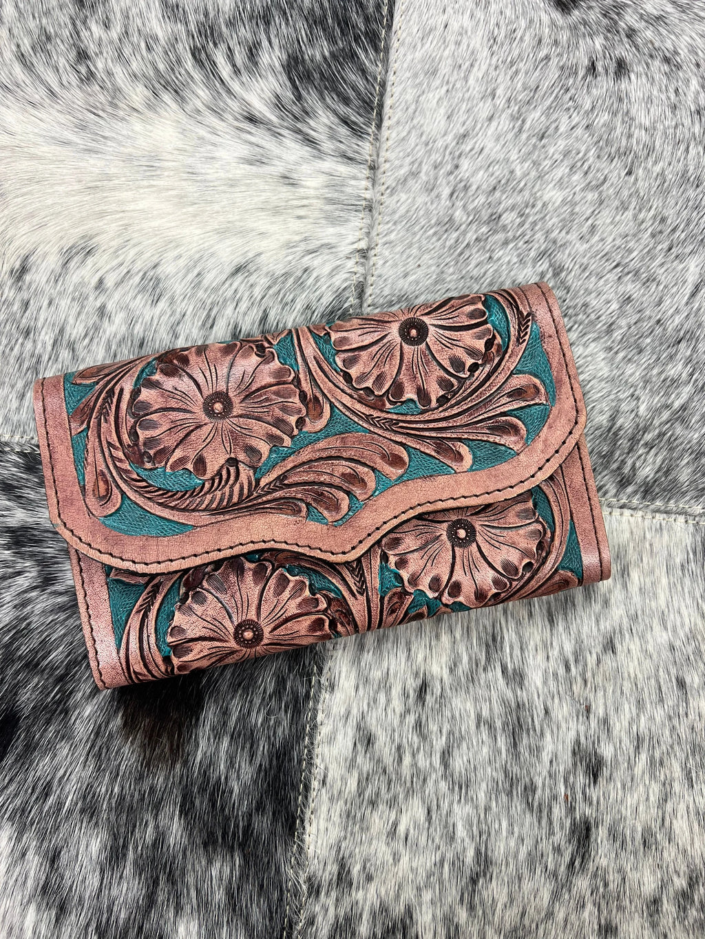 Tooled Brown and Turqoise Wallet