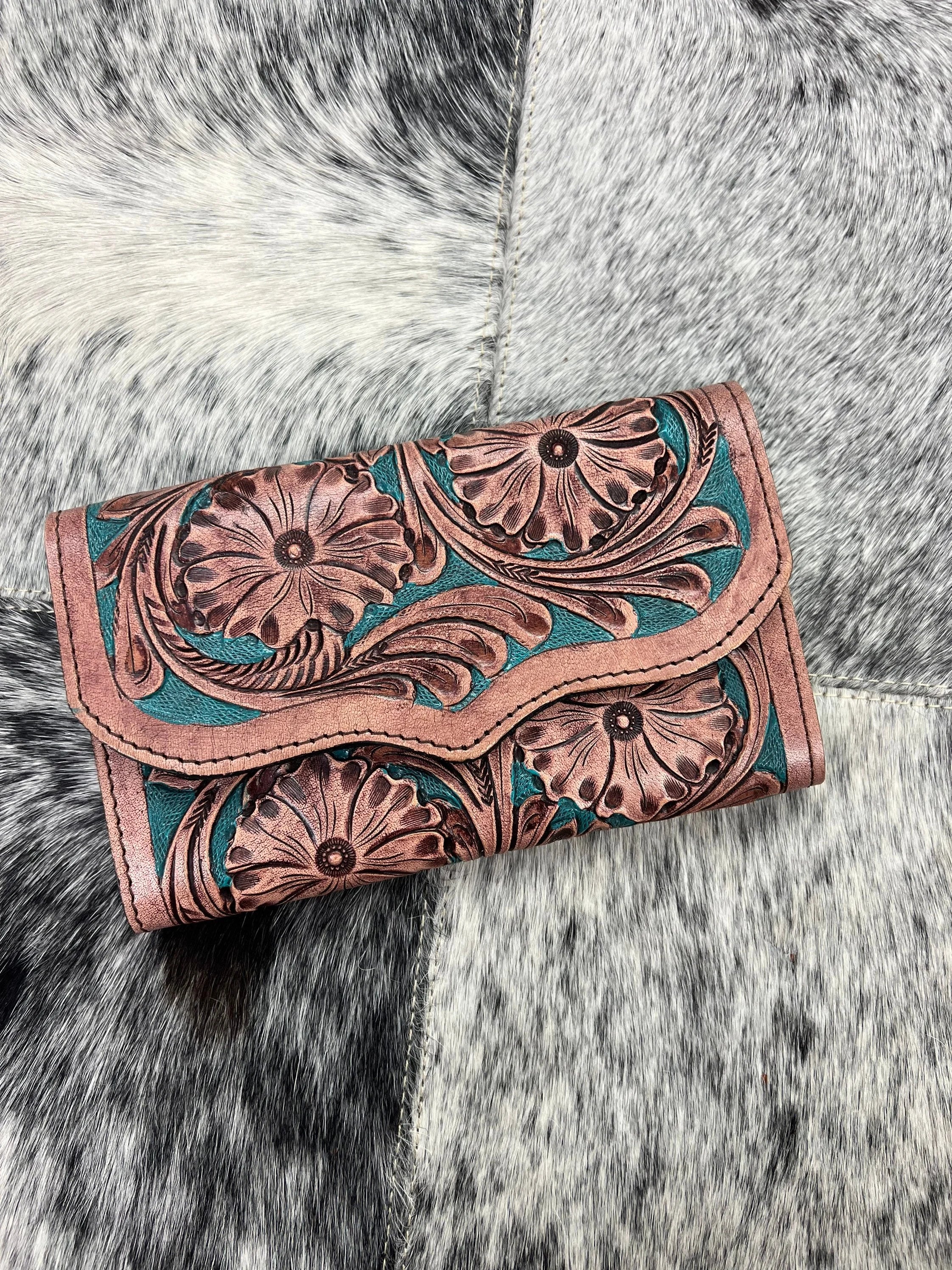 Tooled brown and turquoise wallet