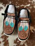 Turquoise Feather Tooled Leather Slip-On Shoes