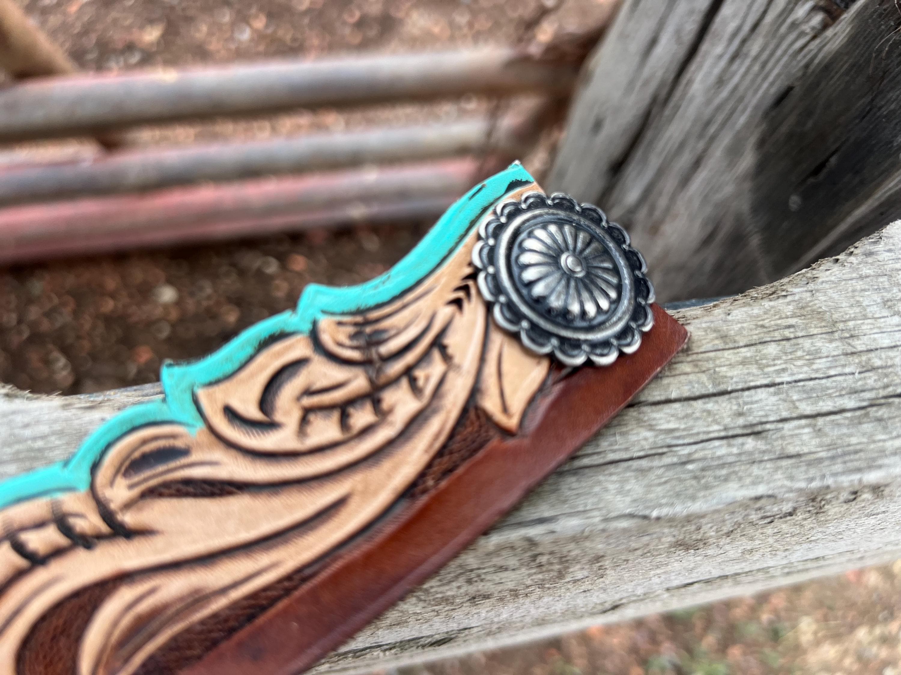 Turquoise tooled leather hatband